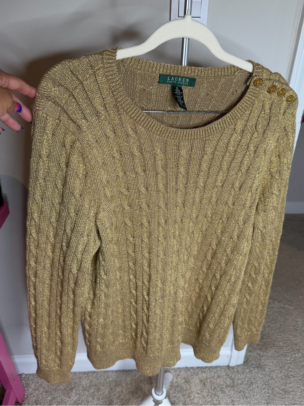 Ralph Lauren Metallic Gold Cable-Knit Crewneck Sweater with Shoulder Buttons
